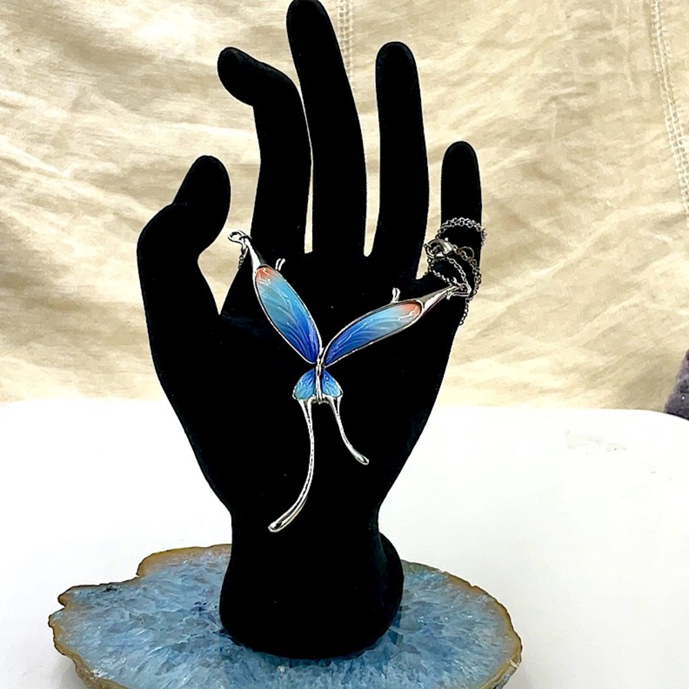 Vtg.16” Franz Breuning Signed Elegant Porcelain Blue Fade Butterfly Necklace - Picture 5 of 8